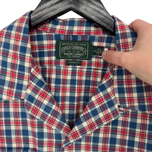 Polo Country Ralph Lauren Men’s Large Classic Fit Indigo Plaid Camp Shirt Casual - Picture 4 of 16